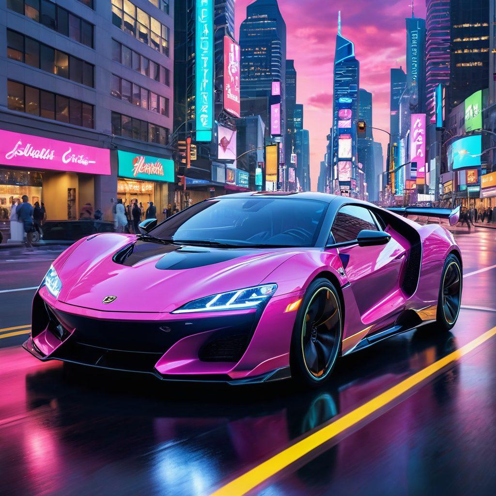 A vibrant scene showcasing a blend of automotive designs and adult animation aesthetics, featuring a sleek car adorned with colorful, anime-inspired characters. The background should be a neon-lit urban landscape, highlighting the fusion of technology and fantasy. Incorporate vivid colors and dynamic motion elements, emphasizing excitement and allure. Illustrate both the beauty of cars and the charm of animation in one captivating image. super-realistic. vibrant colors. car culture.