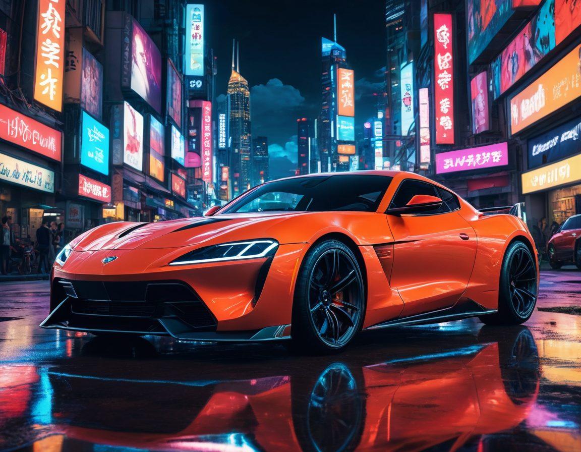 A striking blend of a sleek, modern sports car juxtaposed against an anime-style character showcasing vibrant adult anime aesthetics. The background features a bustling cityscape at night, illuminated with neon lights to create a dynamic atmosphere. The character is playfully interacting with the car, symbolizing the intersection of automotive enthusiasm and adult-themed anime culture. Include elements like cartoonish clouds and colorful graffiti for a vivid touch. super-realistic. vibrant colors. cyberpunk.